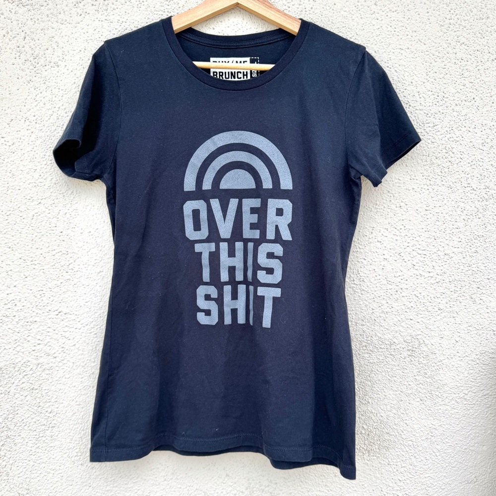Urban Outfitters OVER THIS SHIT black tee top t-shirt rainbow womens L grey meme